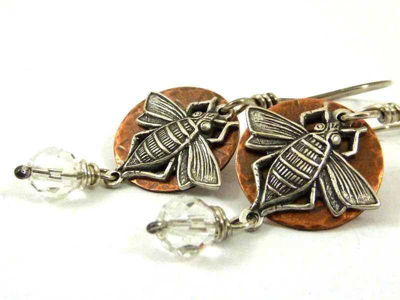 Honey Bee Earrings Whimsical Silver Charm Copper Disc Clear Glass Bead Dangle Mixed Metal