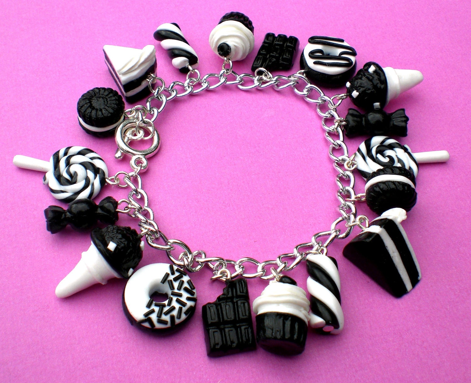 Monochrome Kawaii Loaded Sweets and Desserts Charm Bracelet