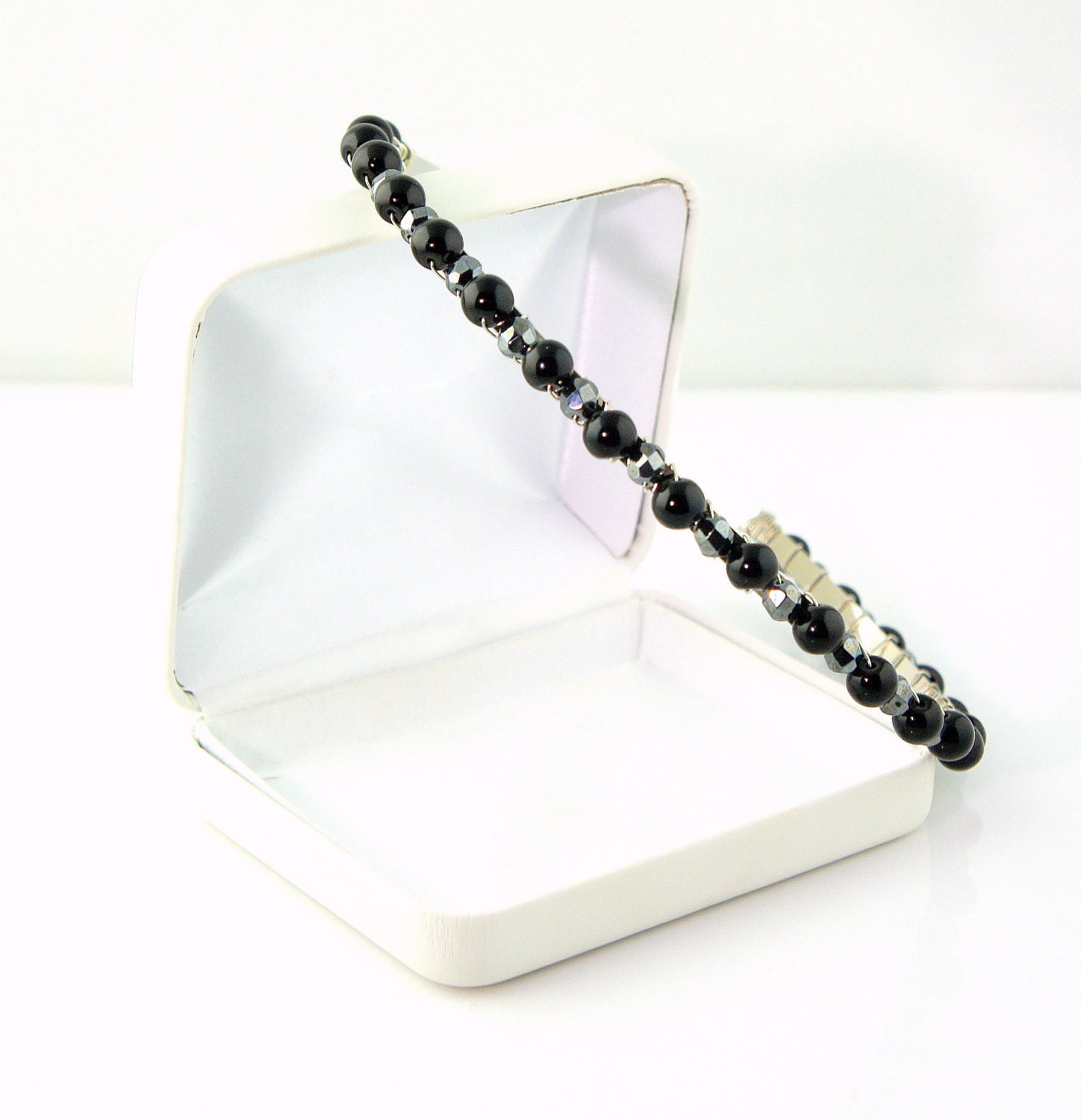 Black Beaded Headband with Pearls and Czech Glass