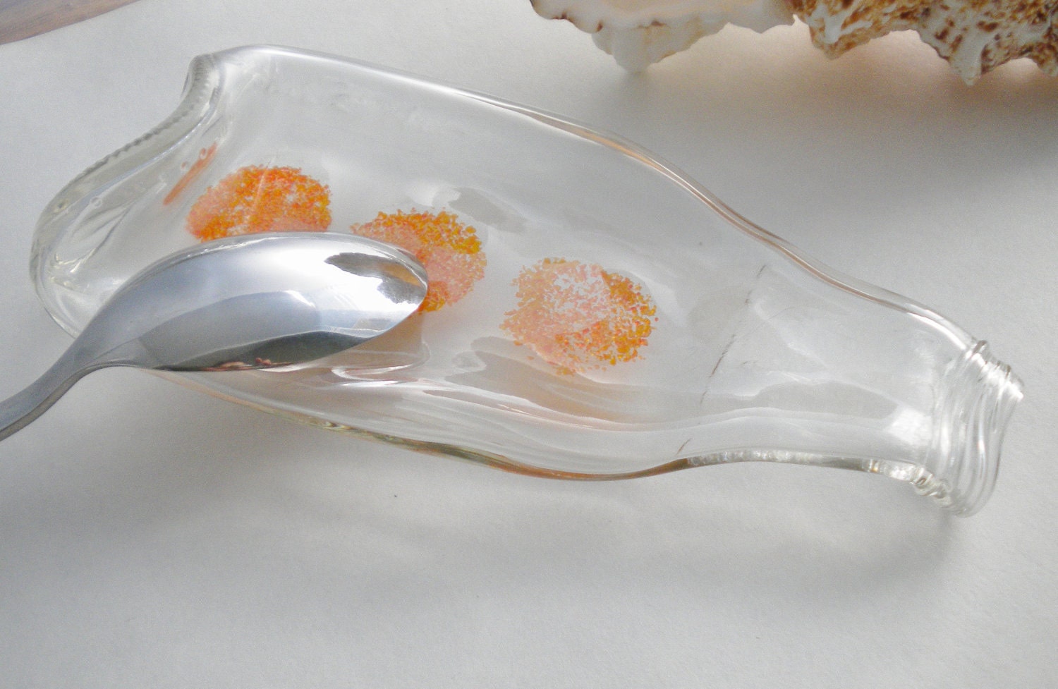 Upcycled Orange Circles Soda Bottle Spoon Rest or odds and ends bowl