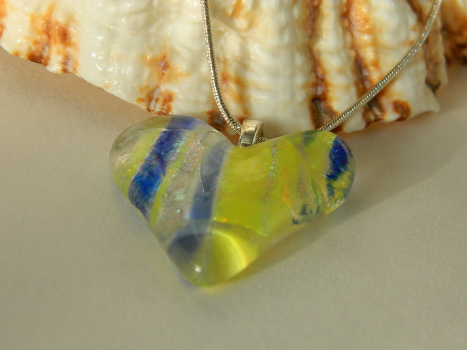 Fused Glass Heart Dichroic Blue Silver and Yellow pendant necklace