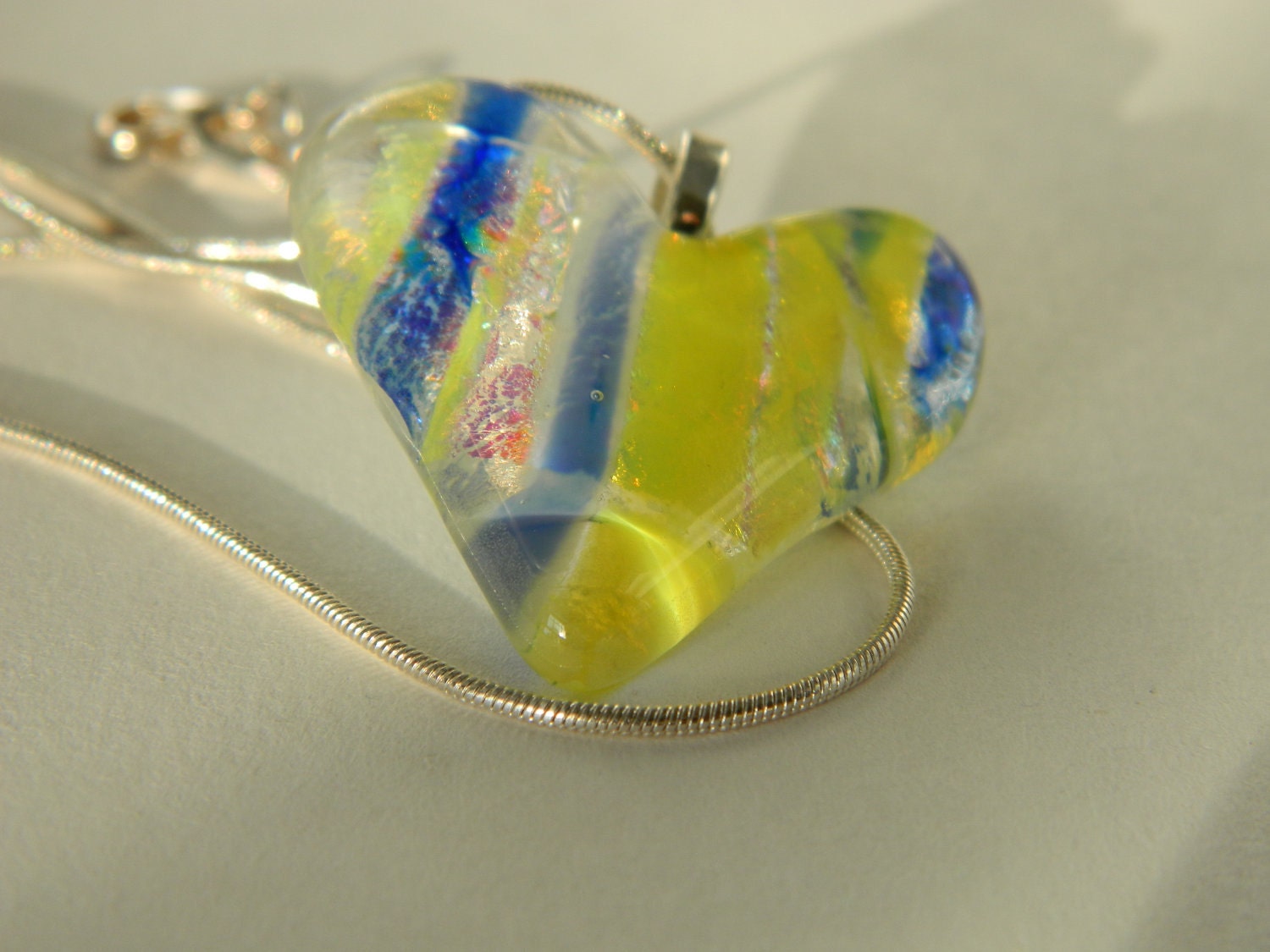 Fused Glass Heart Dichroic Blue Silver and Yellow pendant necklace