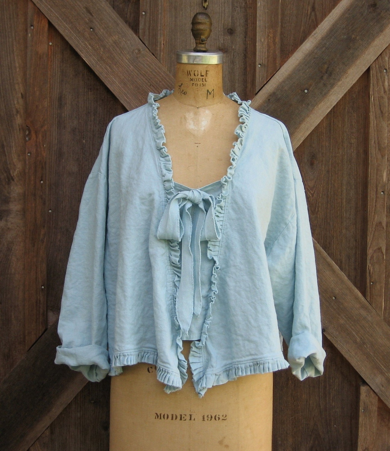 linen top blouse swing style with ruffles in light blue