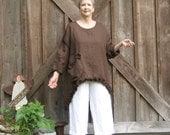 tunic washed linen in bittersweet bchocolate brown with ruffles