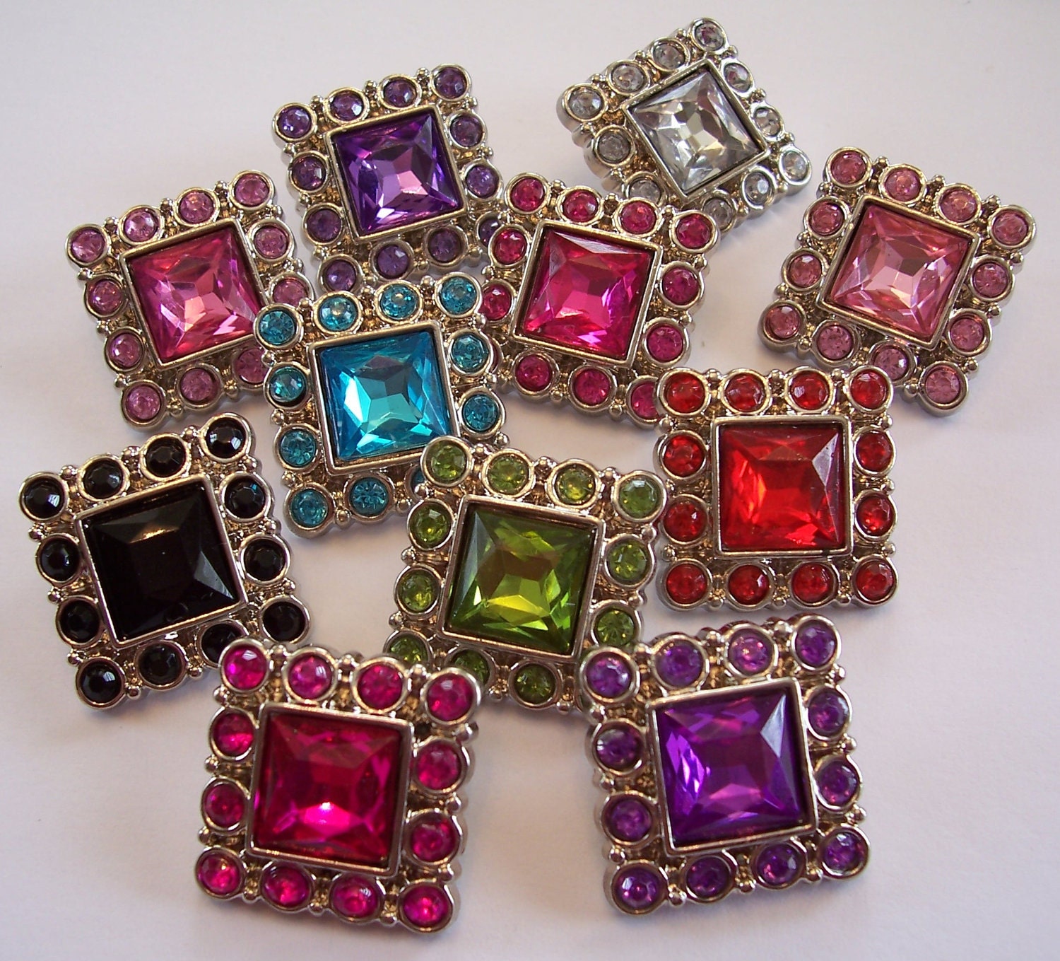 10 Square Rhinestone Buttons- TRY ME sample set of 10 buttons for embellishments hair accessories weddings prom(B1016)