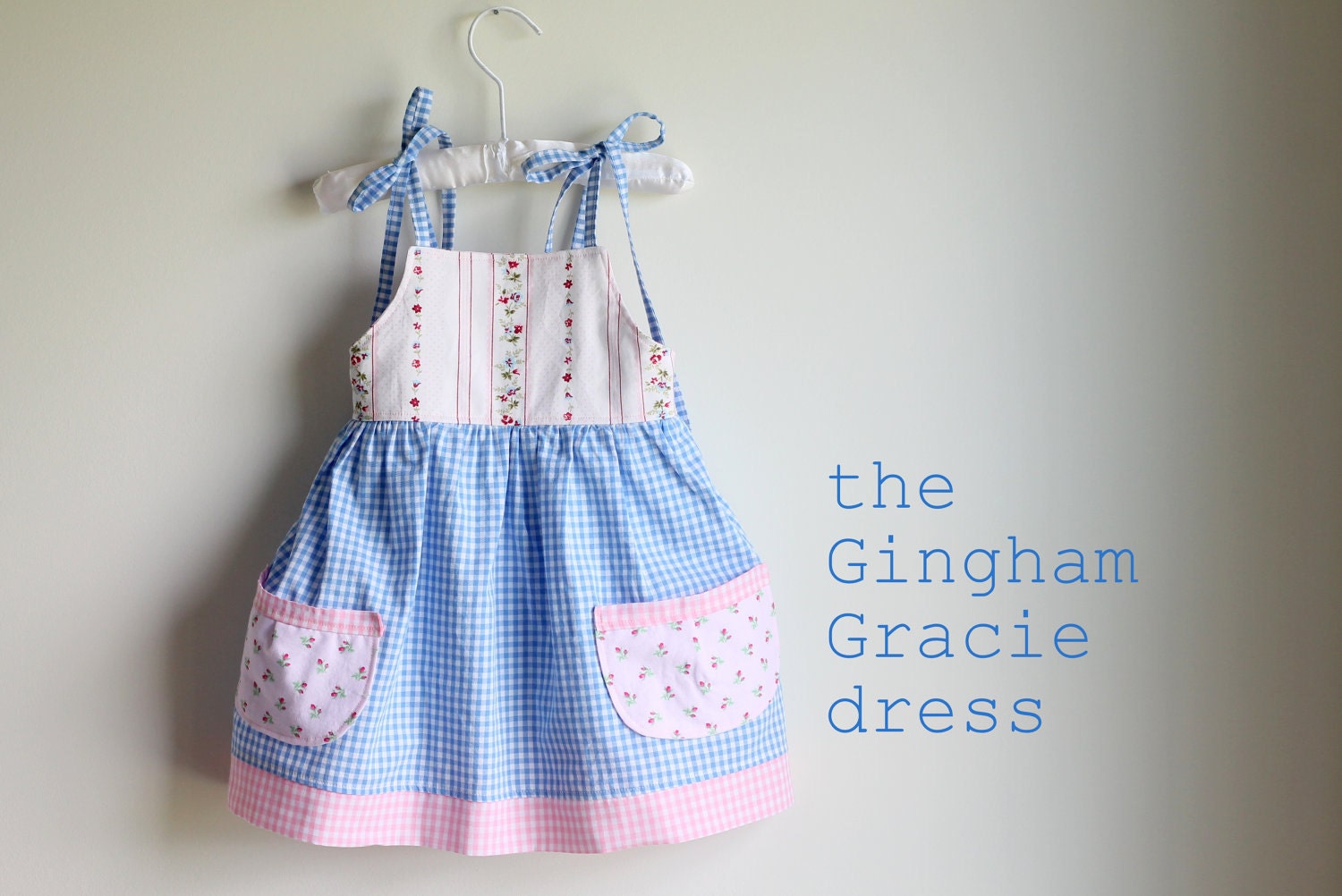 Blue & Pink Gingham shoulder tie pocket toddler/girls dress, size 2T, 3T, 4T, 5, 6, 7, 8