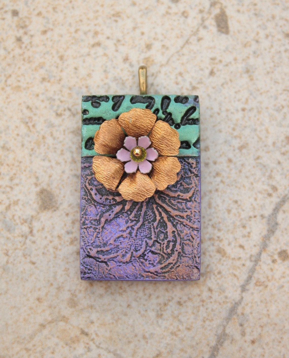 Mixed Media Pendant Purple Brass Flower Bronze Lavender Black Green Floral Pendant