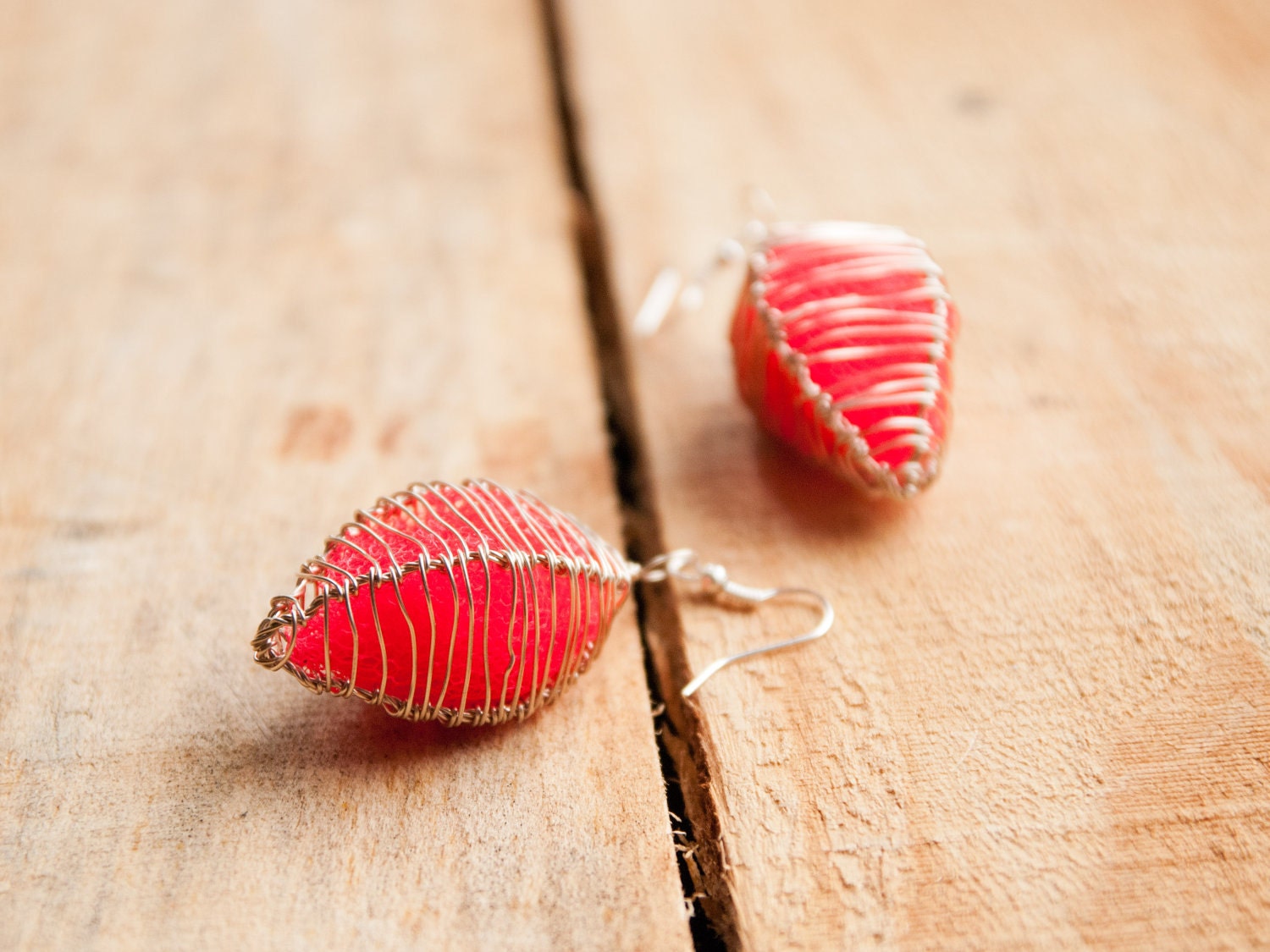 Cage Earrings in Antique Silver with Neon Bright Flamingo Pink Coloured Tulle