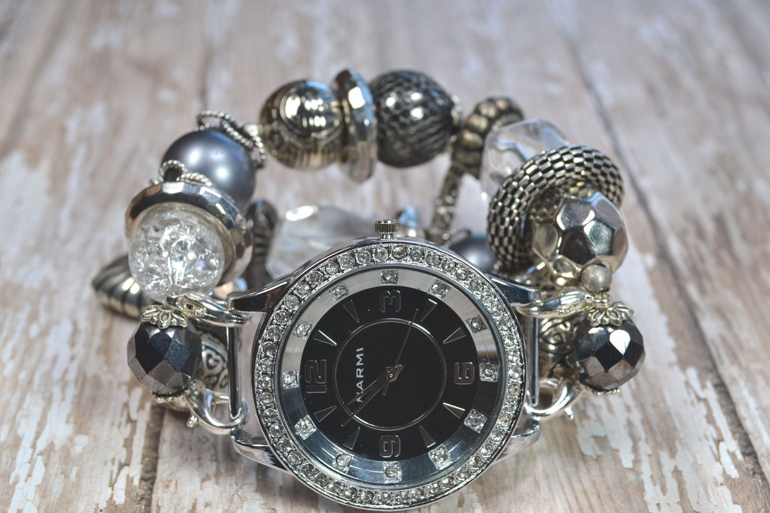Black & Gray Fancy Chunky Beaded Interchangeable Watch Band and Watch Face Included