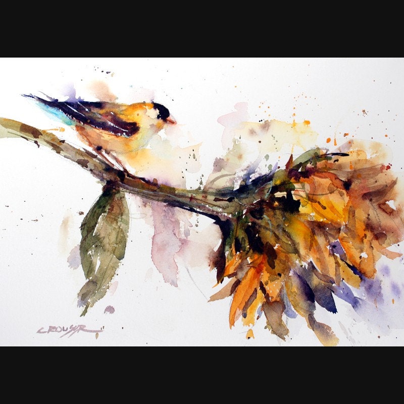 BIRD and SUNFLOWER Watercolor Print