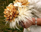 Feathers and Fabric, Ivory and Gold Wedding Bridal Bouquet
