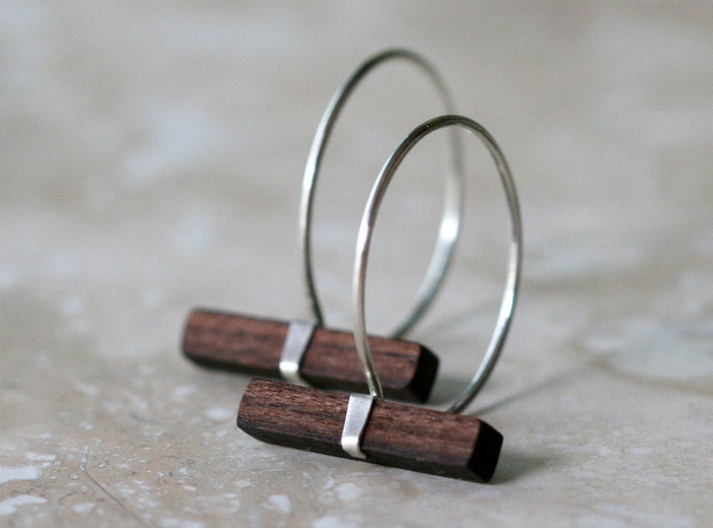 Wood and silver hoop earrings - sterling silver hoop earrings - wood earrings  - unusual earrings
