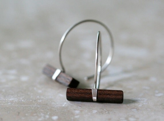 Wood and silver hoop earrings - sterling silver hoop earrings - wood earrings  - unusual earrings