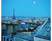 Moonset over Paris - Eiffel Tower, full moon, From Paris to the Moon, Montmartre, blue decor - 8x8 Original Fine Art Photograph