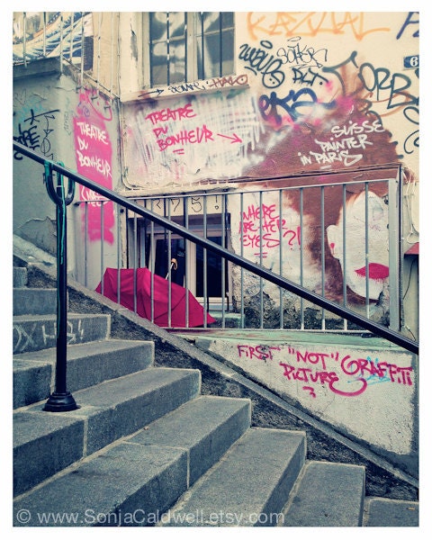 Paris graffiti - "Where are her eyes"-  street art, lips, bright pink, gray, Montmartre steps, umbrella 8x10 Original Fine Art Photograph