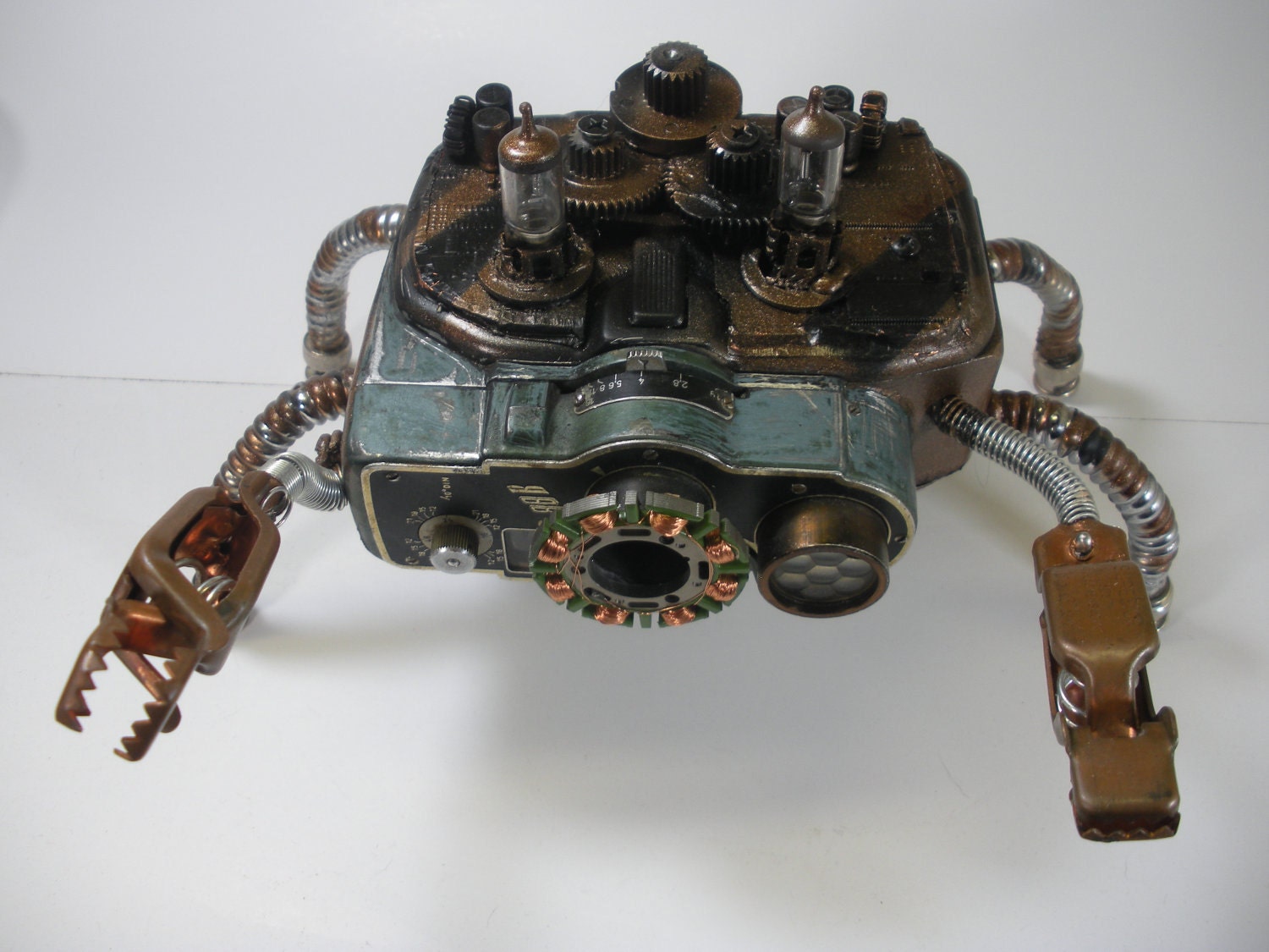 The CamoCrab Upcycled art Sculpture Steampunk Assemblage Mixed Media robot
