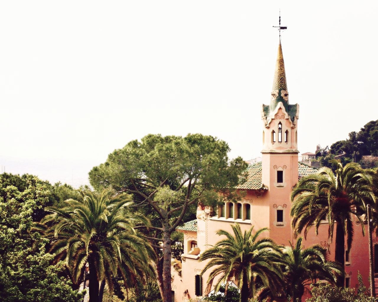 Barcelona Photograph - Gaudi House Museum - Spain Photography - Parc Guell - Palm Trees - Peach Coral Green - European Decor - Travel Print