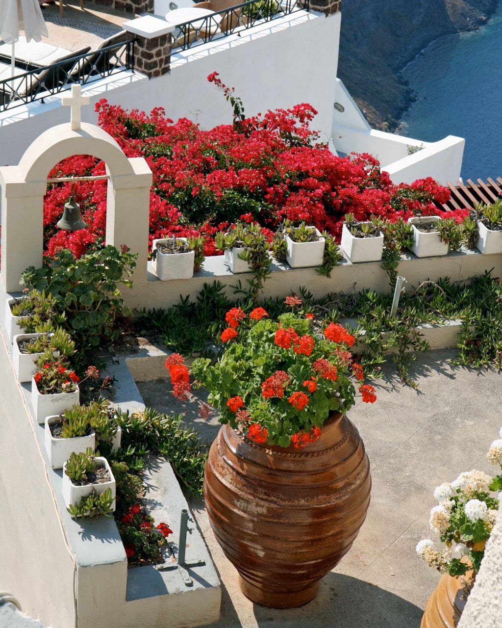 Mediterranean Decor - Santorini Greece Photograph - Pink Flowers - Red Geraniums Photography - Rooftop Garden Photo - Greek Travel Art Print