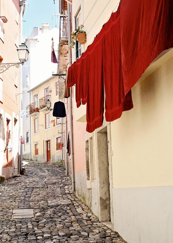 Lisbon Photo - Portugal Photography - Laundry Room Decor - Red Towels Yellow Wall - European Street - Portuguese Art - 5 x 7 Travel Print