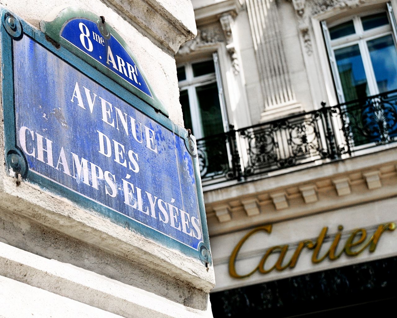 Champs Elysees Photograph - Paris Photo - Parisian Decor - French Print - Elegant Blue Photograph - Shopping at Cartier - Blue Sign - France