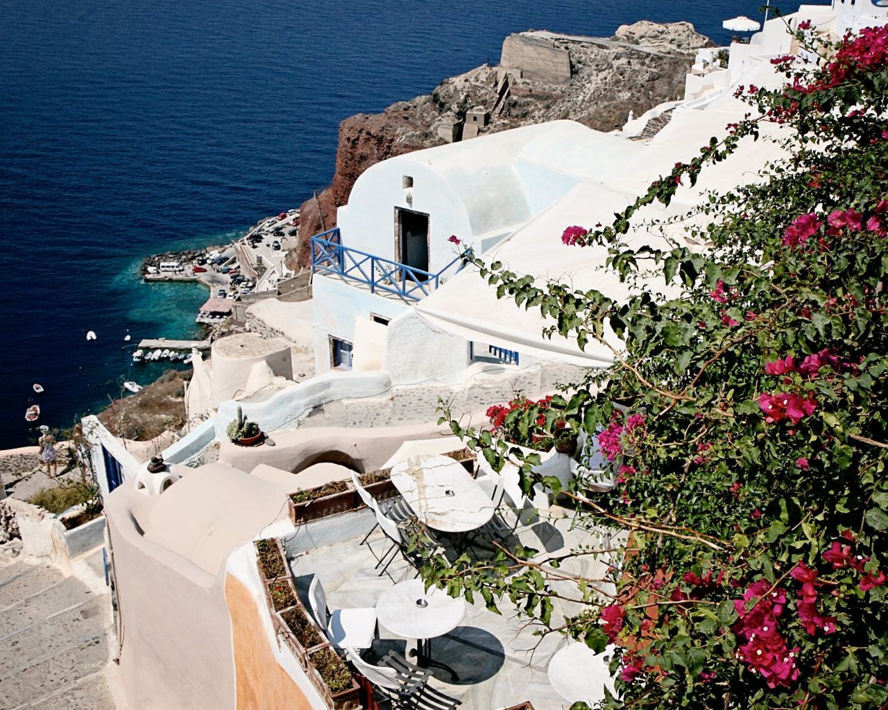 Greece Photograph - Santorini Sun - Cobalt Blue White Fuschia - Travel Photography - Greek Islands Vacation - Mediterranean Home Decor