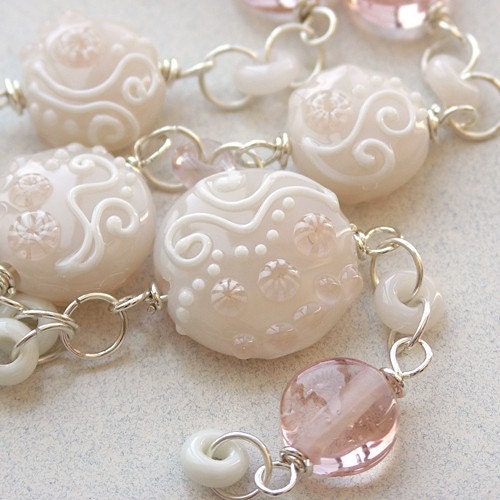 Necklace in Peach and White - Handmade Lampwork and Sterling Silver