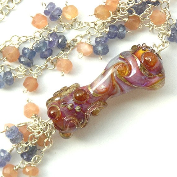 Necklace - Lampwork Focal, Tanzanite, Moonstone and Sterling Silver