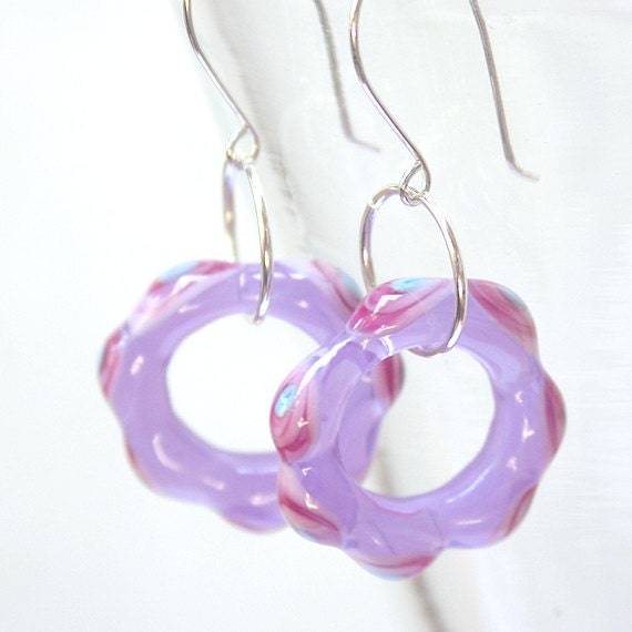 Earrings in Lavender, Pink and Turquoise - Handmade Lampwork and Sterling Silver