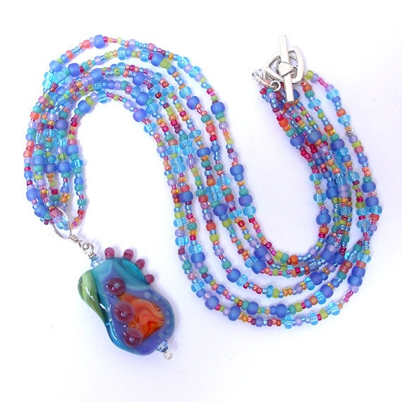Multi-strand Necklace - Lampwork Glass Focal and Seed Beads