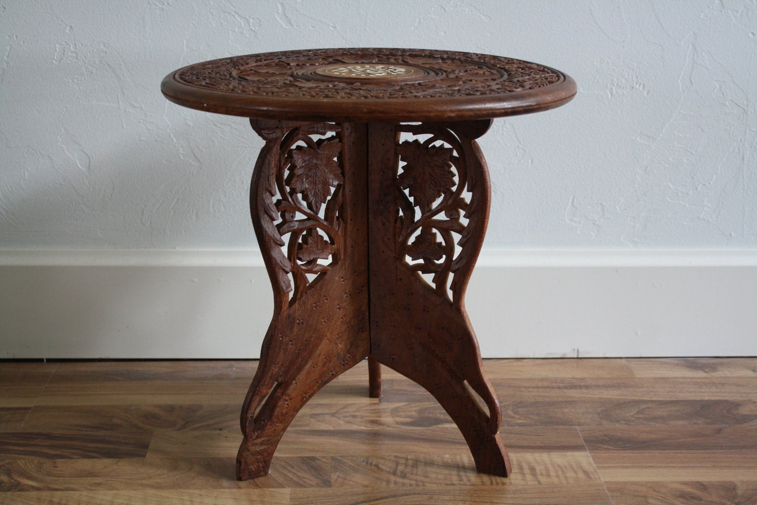 1960's Beautiful Wooden Hand Carved Table with Center Circle Inlay