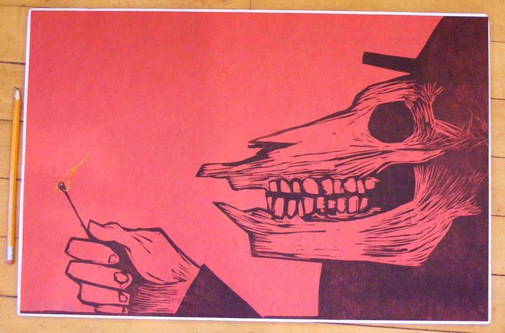 Pig Skull Man Holding a Match. Woodcut Print