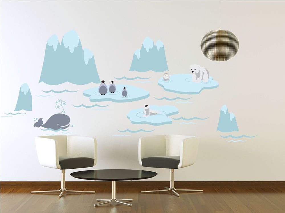 Vinyl Wall Decal - Arctic Wonderland with Whimsical Polar Animals - Extra Large Childrens Mural