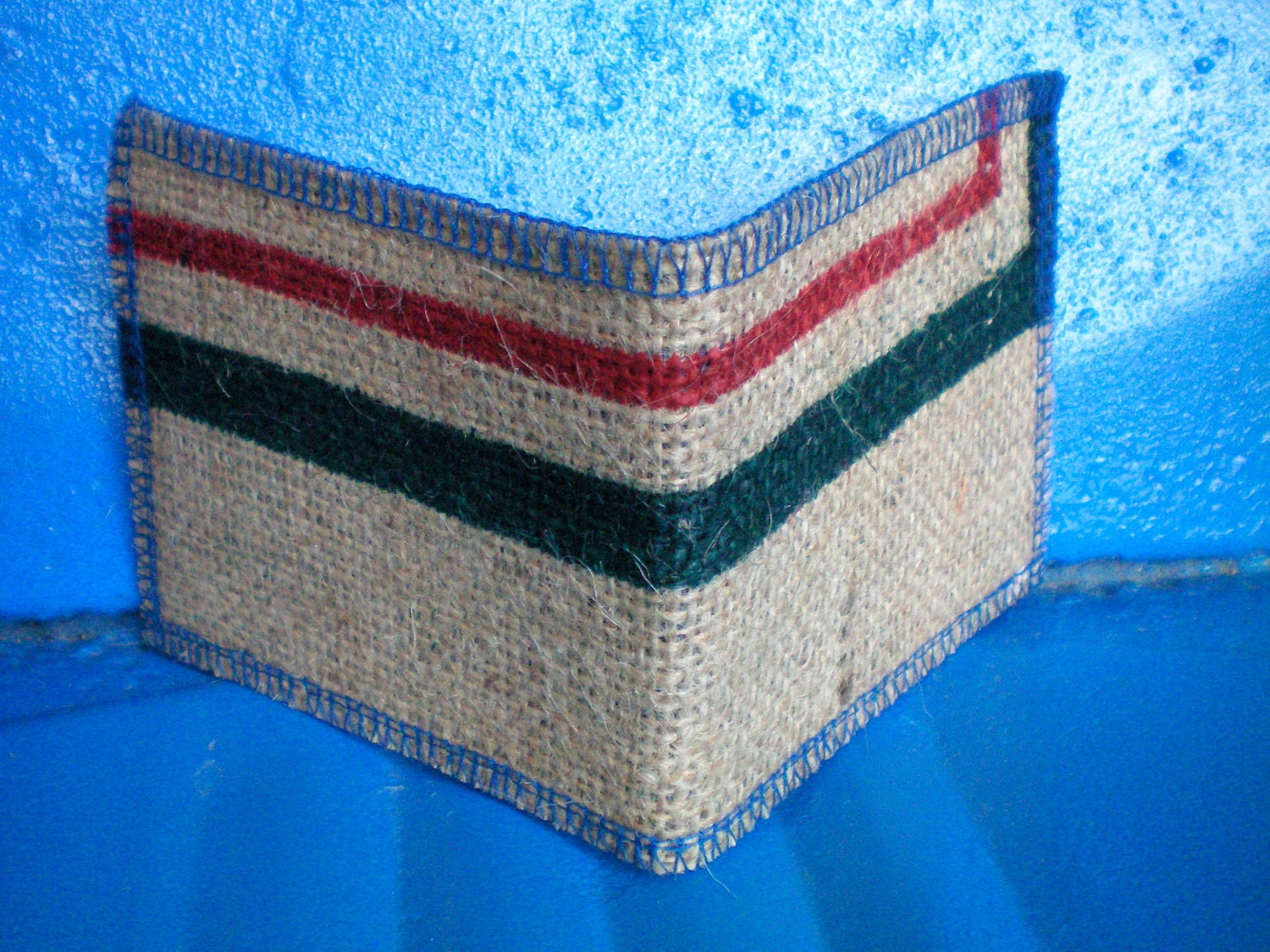 Vegan Wallet, Recycled Burlap Wallet- Made From Coffee Bean Sacks- Ready to ship-Blue-Striped
