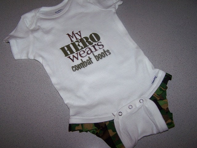 My Hero Wears Combat Boots Military Army Onesie with camo ruffles at legs