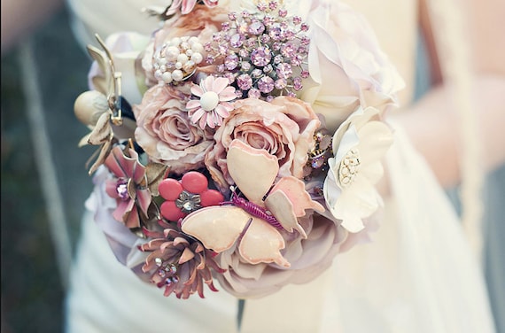 Custom Large Brooch Bouquet - Romantic Silk Flowers & Enamel Brooches - Made to Order