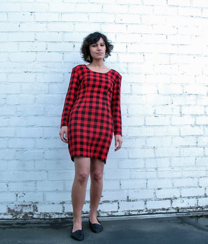 1980s vintage dress - black and red - buffalo print - small / medium