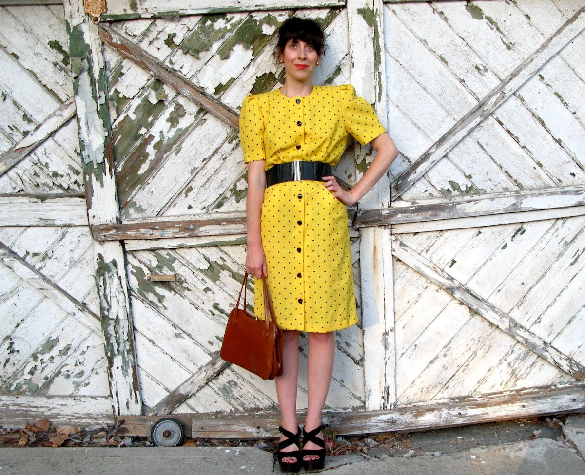 1980s vintage dress - yellow and black polka dot - small / medium