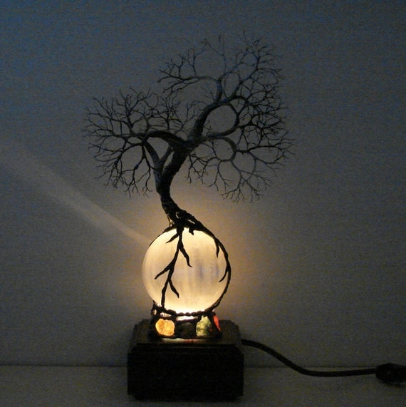 Full Moon rising Wire Tree Of Life Ancient Spirit sculpture on natural silky White Selenite Sphere with Gemstones Lamp, original art