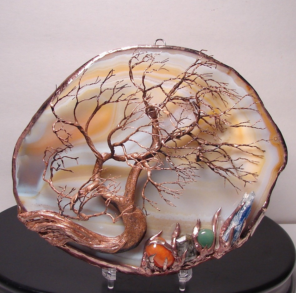Tree Of Life Wind Spirit sculpture Natural Scenic Geode Agate slice, Carnelian, Tourmalated Quartz, Aventurine, Kyanite, original Art 5A