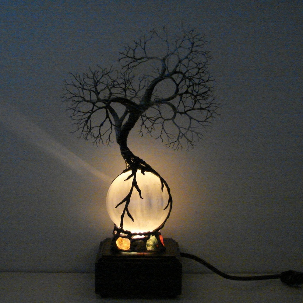 Full Moon rising Wire Tree Of Life Ancient Spirit sculpture on natural silky White Selenite Sphere with Gemstones Lamp, original art