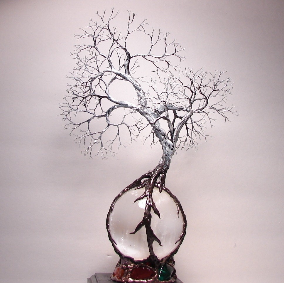 Full Moon rising Wire Tree Of Life Ancient Spirit sculpture on natural silky White Selenite Sphere with Gemstones Lamp, original art