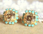 Crystal stud earring - 14k plated gold post earrings real swarovski rhinestones .