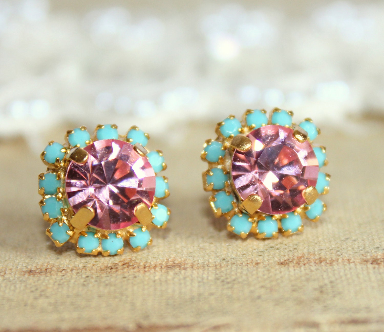 Crystal stud pink earring - 14k plated gold post earrings real swarovski rhinestones .