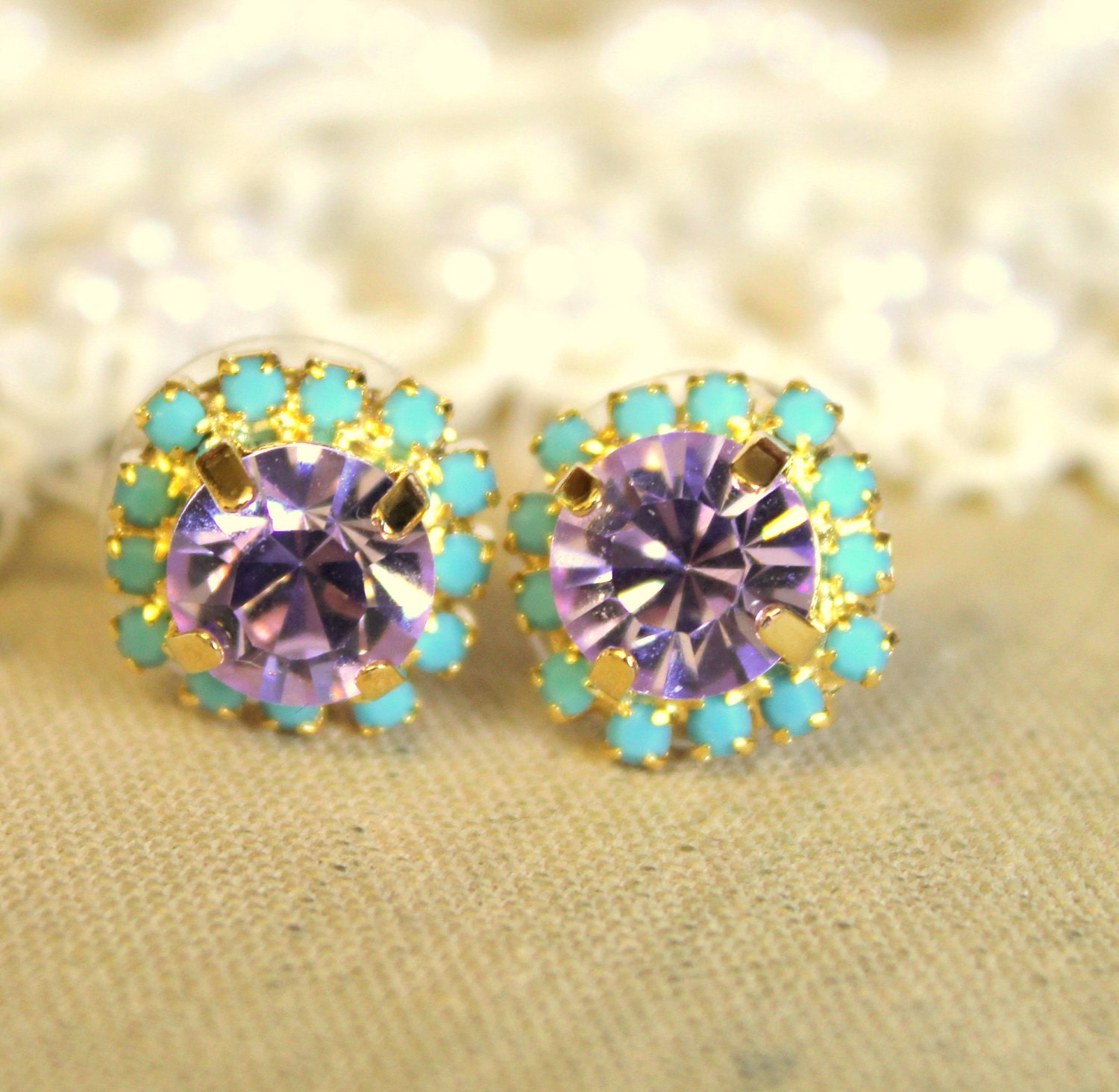 Bridesmaids gifts- Crystal violet purple stud earring - 14k plated gold post earrings real swarovski rhinestones .