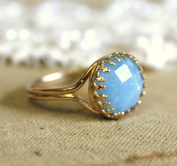 Aquamarine crowen- stunning elegant 14K GF ring with real Aqua marine gem stone
