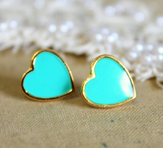 Blue sea foam blue Heart gold stud earring -petit elegant 14k gold coated post earrings