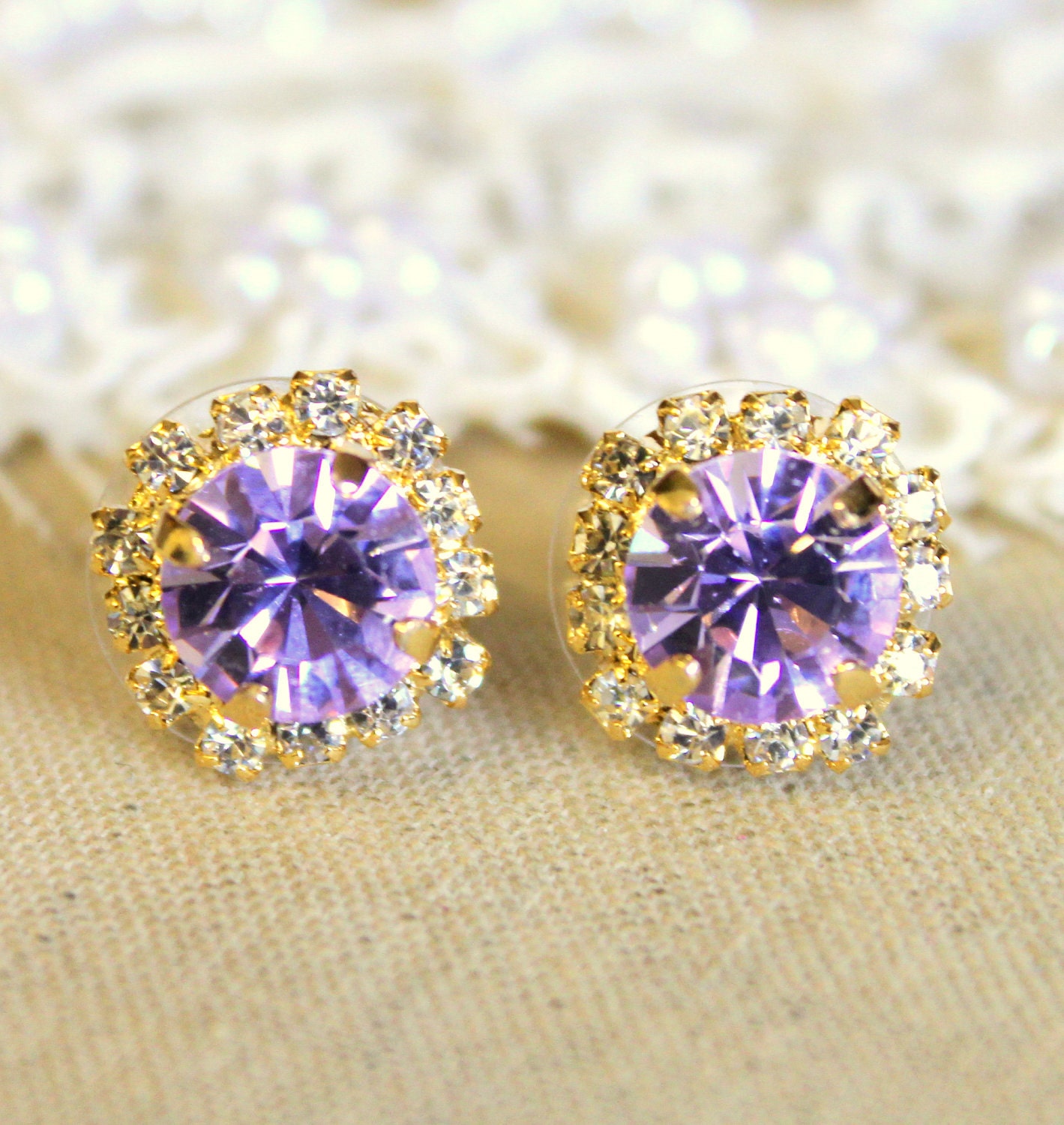 Crystal stud violet purple earring - 14k plated gold post earrings real swarovski rhinestones .