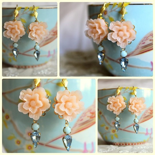 Peach aqua and blue Earrings shabby chic vintage style