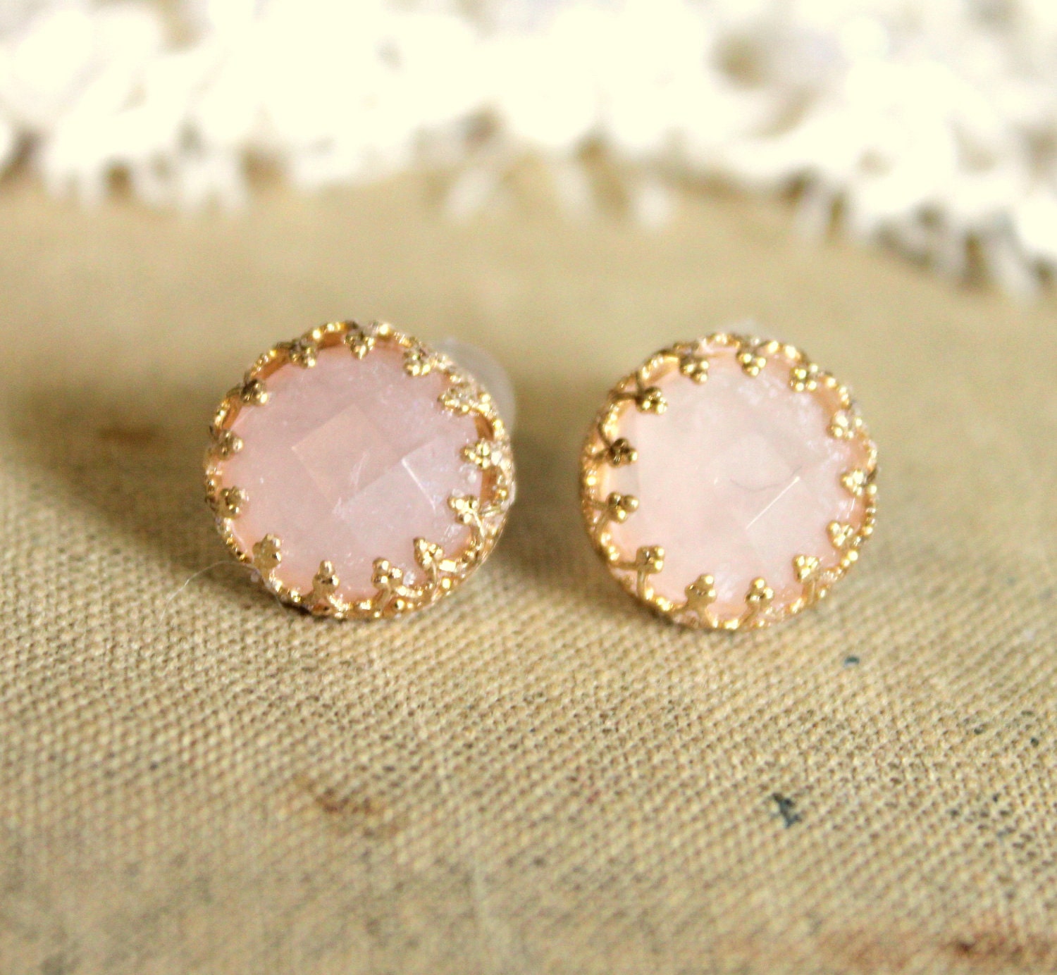 Elizabeth in pink - Real Rose quartz gem stone Earrings vintage and Elegant style