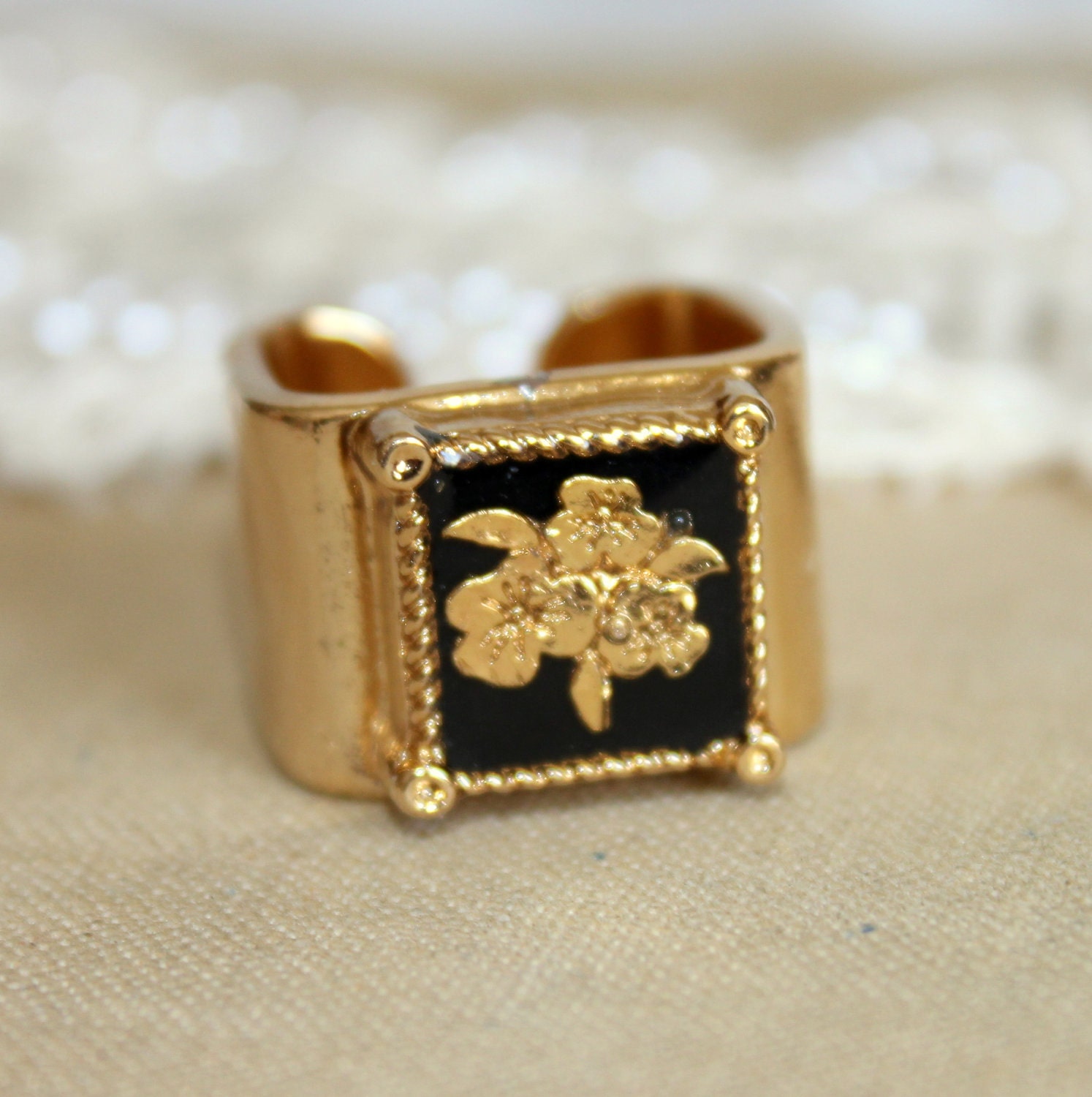 Adel in black - stunning elegant black and gold enamel ring plated 14 k gold